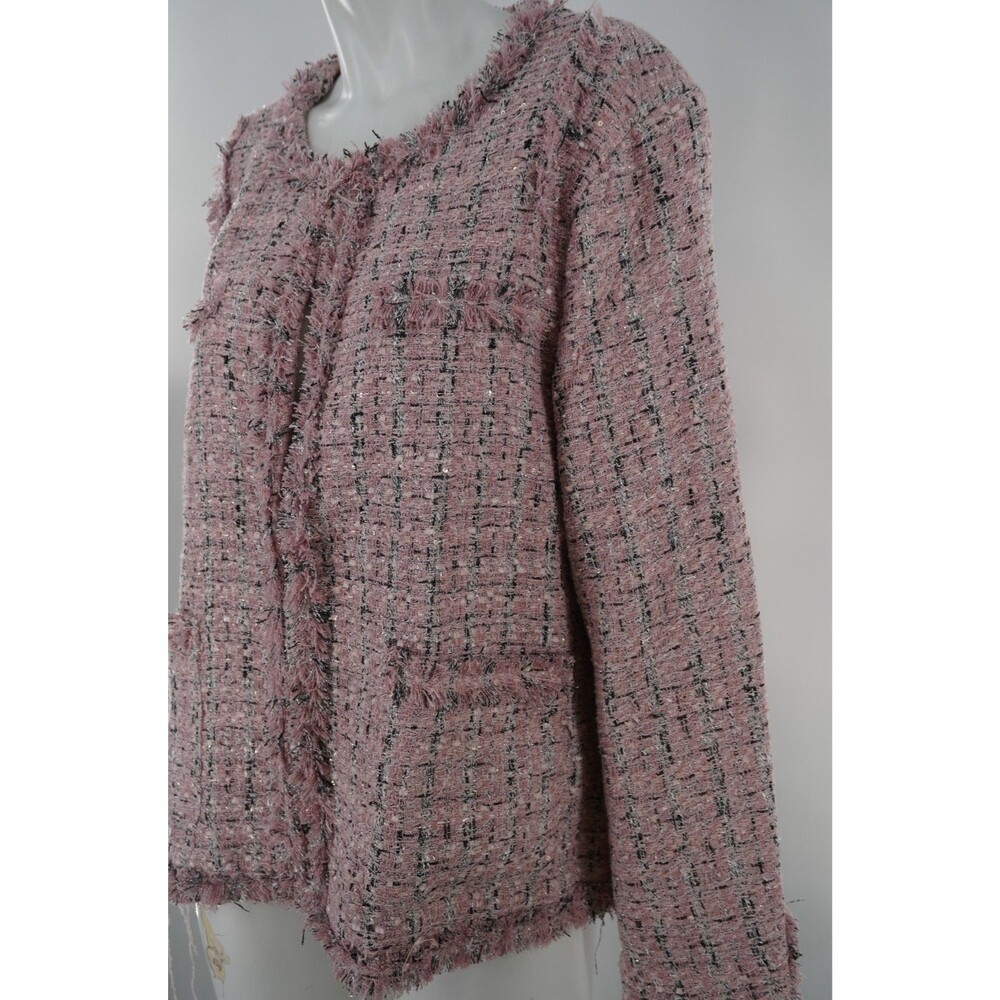 Ebossy Women's Size XL Elegant Open Front Round Neck Fringed Plaid Tweed Jacket - Picture 6 of 8